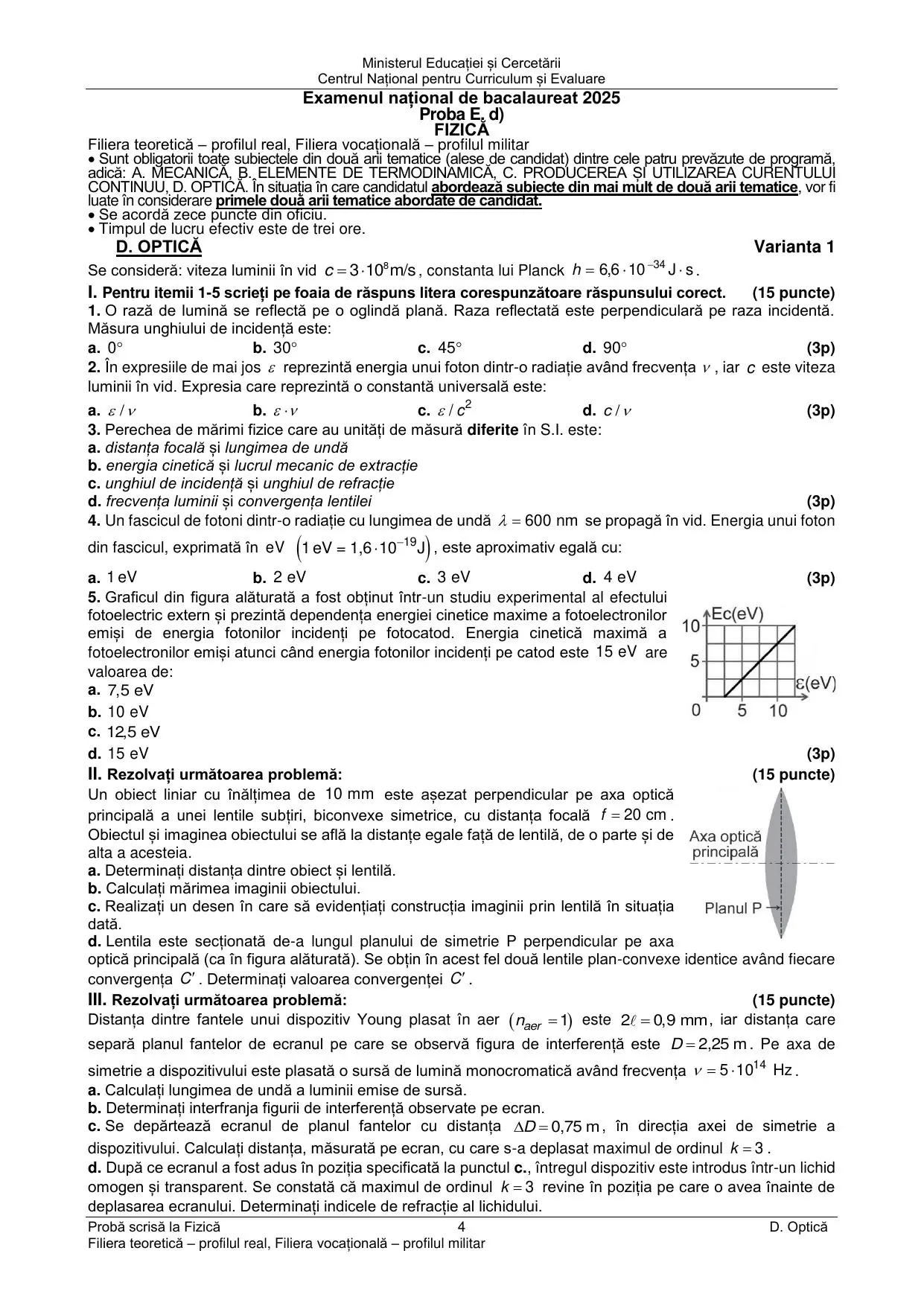 Pagina 2 din BAC Fizică (Curent continuu + Optică) - iunie 2025 (Varianta 1)