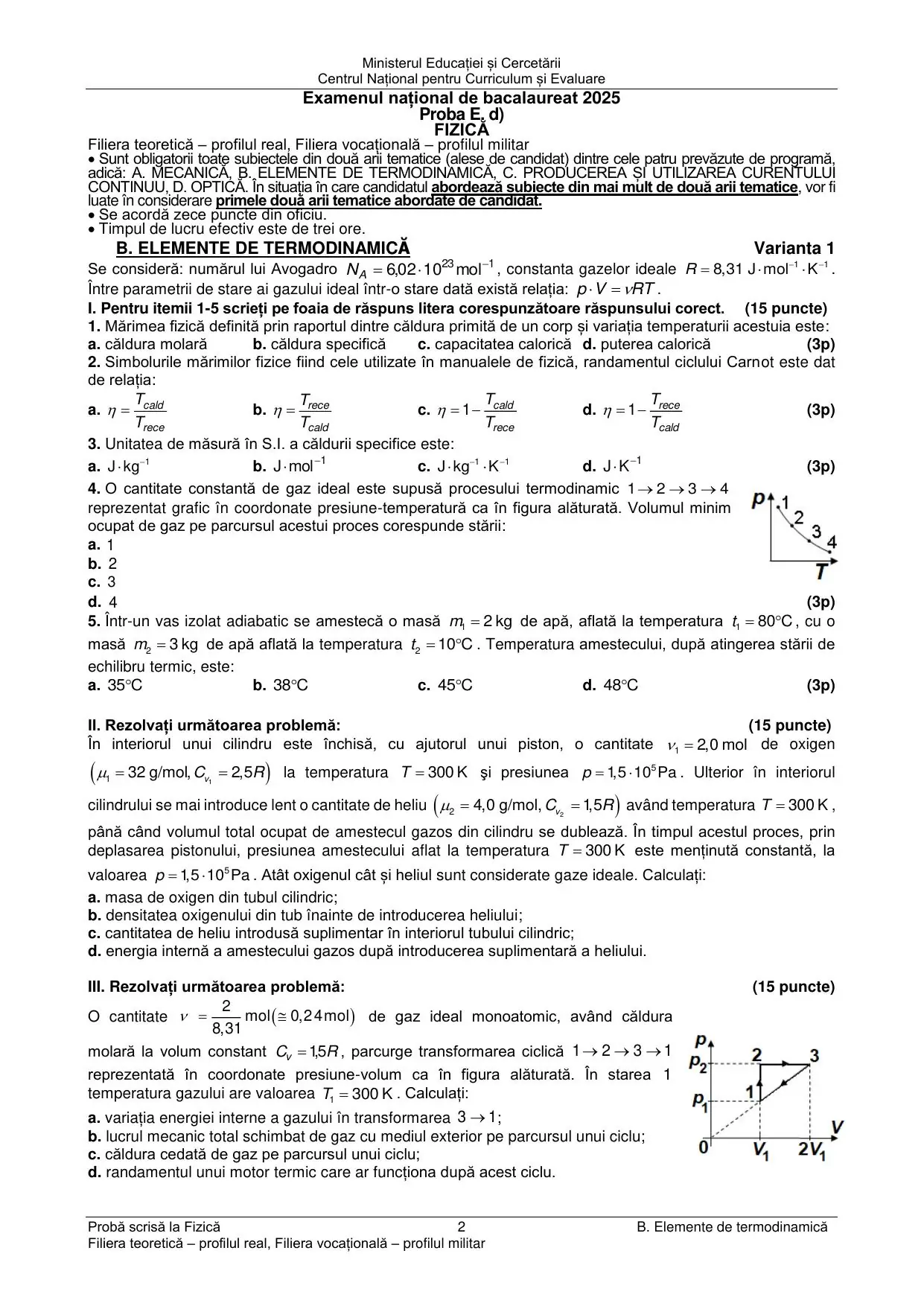 Pagina 2 din BAC Fizică (Mecanică + Termodinamică) - iunie 2025 (Varianta 1)