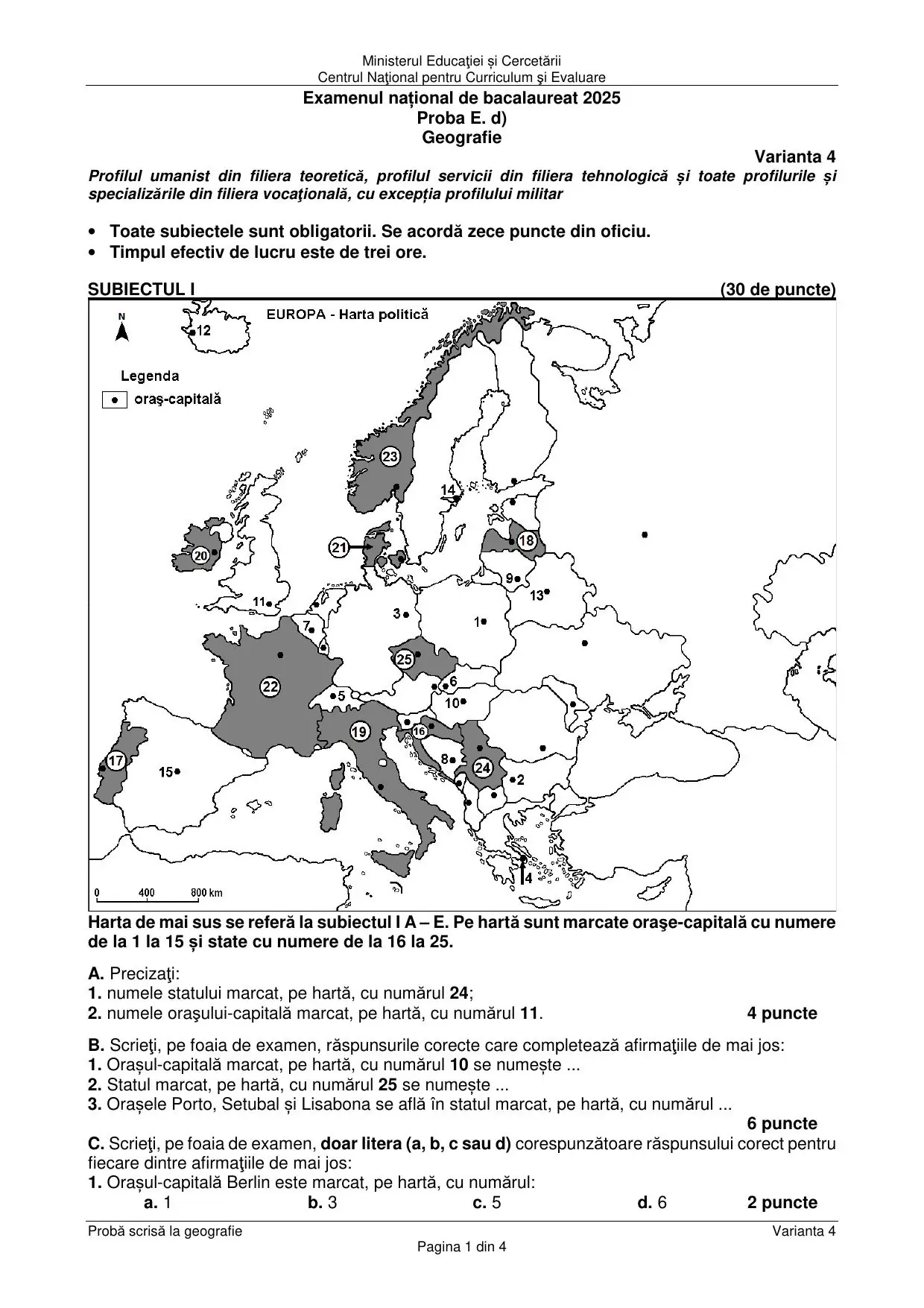 Pagina 1 din BAC Geografie - august 2025 (Varianta 4)