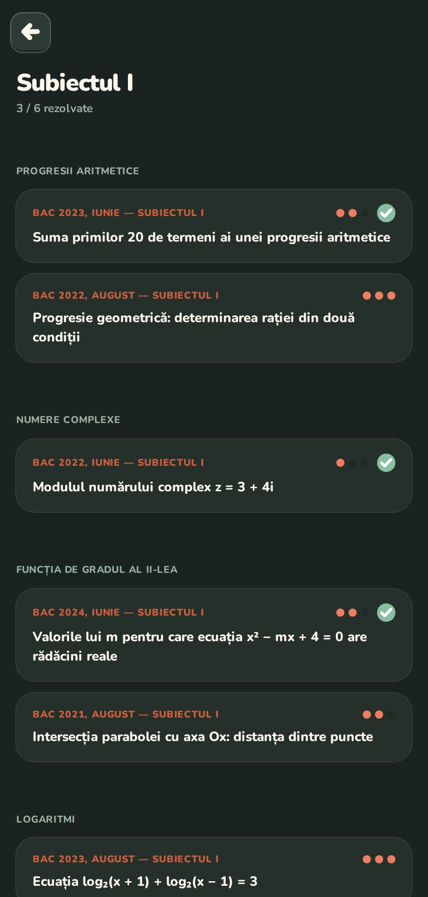 Pagina de exerciții, cu probleme din examenele BAC trecute